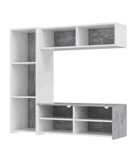 PILVI  Meuble TV - Blanc et béton - L 143,5 x P 40 x H 129 cm