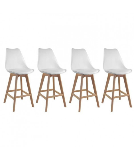 BJORN Lot de 4 Tabourets - Pieds en Hetre - Simili blanc - L 49 x P 59 x H 101