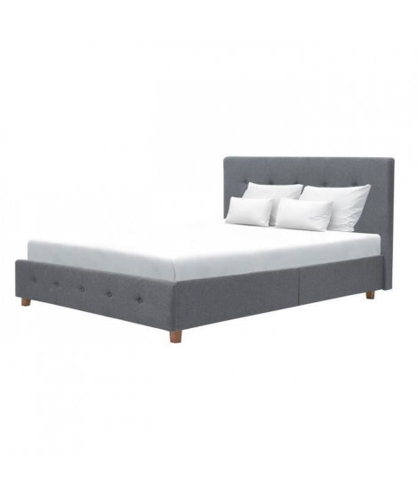 Lit adulte 160 x 200 cm - Tissu aspect lin gris foncé - Sommier inclus - CHARLIE