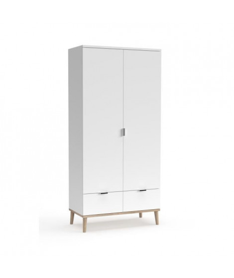 Armoire 2 portes 2 tiroirs - Décor chene sonoma Blanc - L 90 x P 55 x H 180 cm - GOTEBORG