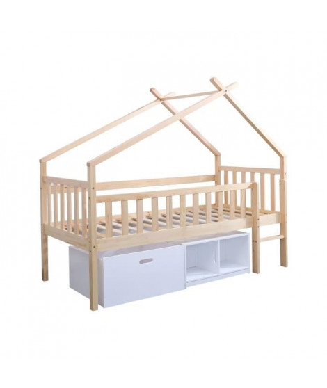 Lit surélevé enfant avec bacs de rangements - Pin massif - Bicolor Brut/Blanc - Sommier inclus - 90x190 cm - ELIDJA