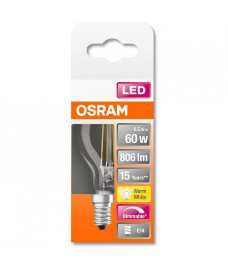 OSRAM Ampoule LED Sphérique clair filament variable - 6,5W équivalent 60W E14 - Blanc chaud