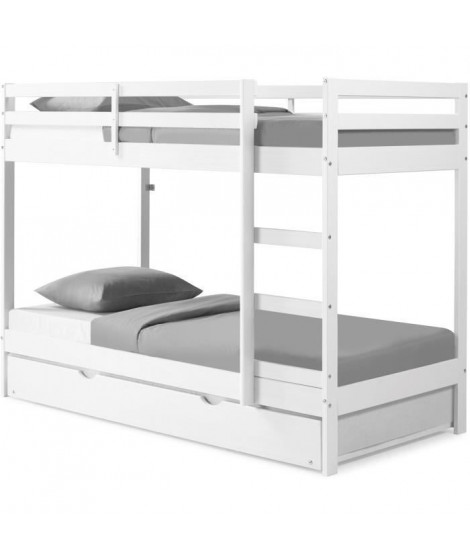 Lit superposé enfant avec tiroir lit - Bois Pin massif - Blanc - Sommiers inclus - 3 x 90 x 190 cm - FOSTER