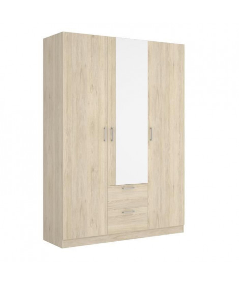 Armoire 3 portes + miroir + 2 tiroirs - Décor chene - L 150 x P 52 x H 215cm - MAXI