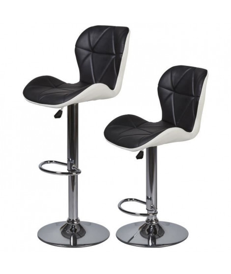 Lot de 2 tabourets de bar télescopique - Simili Noir et blanc - Pieds métal chromé - L 48,5 x P 46 x H 60 cm - MAYA