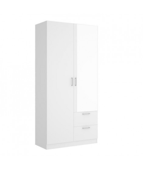 Armoire 2 portes + miroir + 2 tiroirs - Blanc - L 100 x P 52 x H 215cm - MAXI