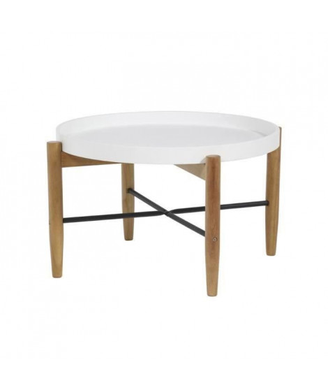 Table basse ronde avec piétement en hévéa massif et fer - Blanc laqué - L 80 x P 80 x H 45 cm - OLGA