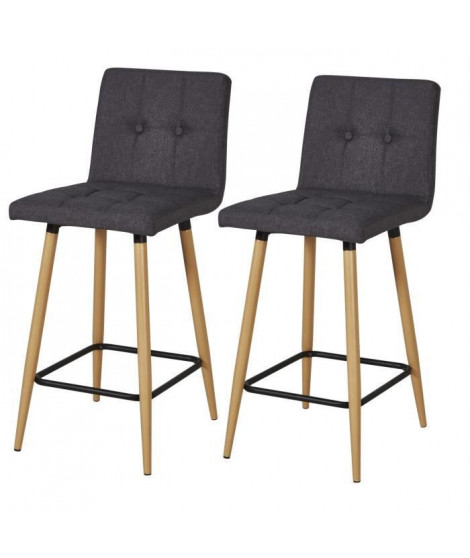 Lot de 2 Tabourets de bar comptoir de cuisine - Tissu Gris et pieds bois - L40 x P39 x H63 cm - MARCO