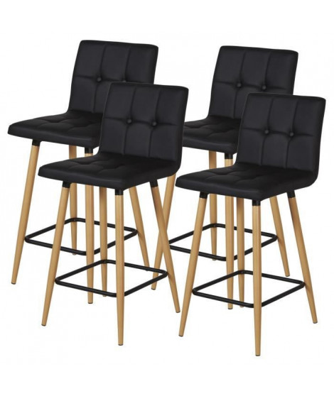 Lot de 4 Tabourets de bar comptoir de cuisine - Simili Noir et pieds bois - L40 x P39 x H63 cm - MARCO