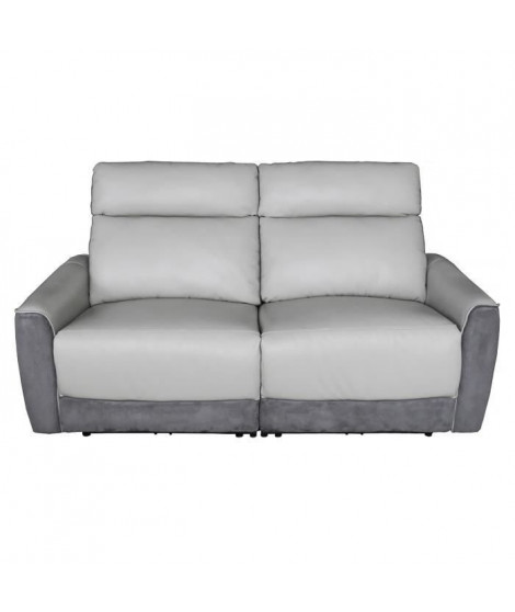 BUNBURY Canapé 3 places dont 2 relax électriques - Cuir gris clair et microfibre gris foncé - L 190 x P 96 x H 103 cm