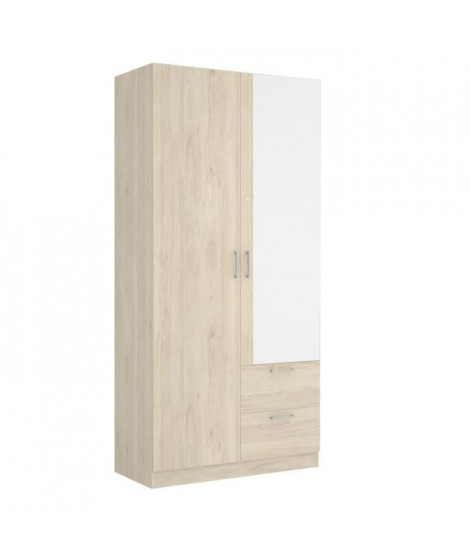 Armoire 2 portes + miroir + 2 tiroirs - Décor chene - L 100 x P 52 x H 215cm - MAXI