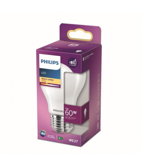 Philips ampoule LED Equivalent 60W E27 Blanc chaud Non dimmable, Plastique