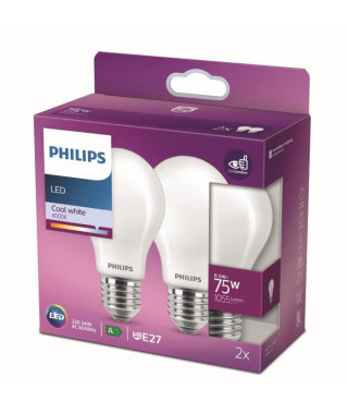 Philips ampoule LED Equivalent 75W E27 Blanc froid non dimmable, verre, lot de 2