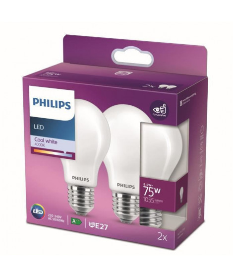 Philips ampoule LED Equivalent 75W E27 Blanc froid non dimmable, verre, lot de 2