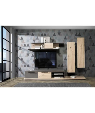Ensemble meuble TV 3 portes 2 tiroirs - Décor chene et gris - L 280 x P 45 x H 178 cm - GREY STAR