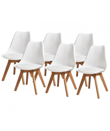 BJORN Lot de 6 chaises pieds en Hetre - Simili Blanc - L 48,5 x P 58 x H 83 cm