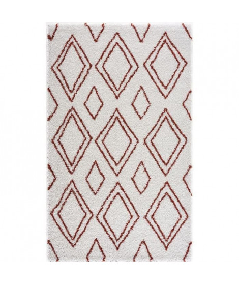 NAZAR Tapis de salon Shaggy longues meches style Berbere - 120 x 160 cm - Blanc et terracotta
