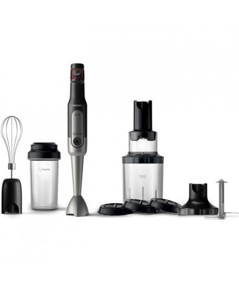 PHILIPS HR2657/90 Mixeur plongeant 800W ProMix - Fouet, Hachoir XL, Gourde nomade, Spiraliseur inclus - Noir et acier inoxydable