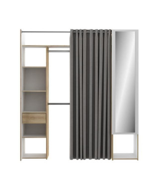 Kit Dressing 1 porte miroir 1 tiroir + 2 tringles de penderies + rideau gris - Décor chene et blanc - L 180x P 50 x H 203cm