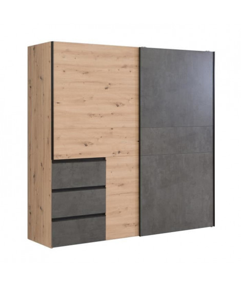 Armoire 2 portes coulissantes 3 tiroirs - Décor chene artisan et béton gris - L 200,1 x P 61,2 x H 200,5 cm - WINN2