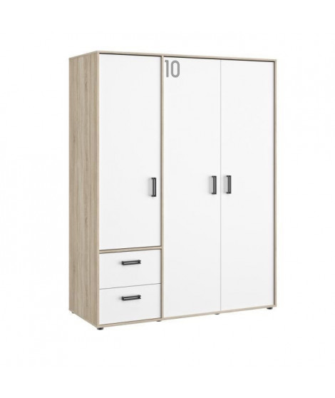 GAMI Armoire 3 portes 2 tiroirs - Décor chene et blanc - L 155 x P 60 x H 200 cm - CAMILLE