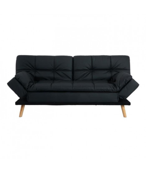 ZORA Banquette convertible clic-clac 3 places - Simili noir et pieds en bois  - L 188 x P 88 x H 88 cm