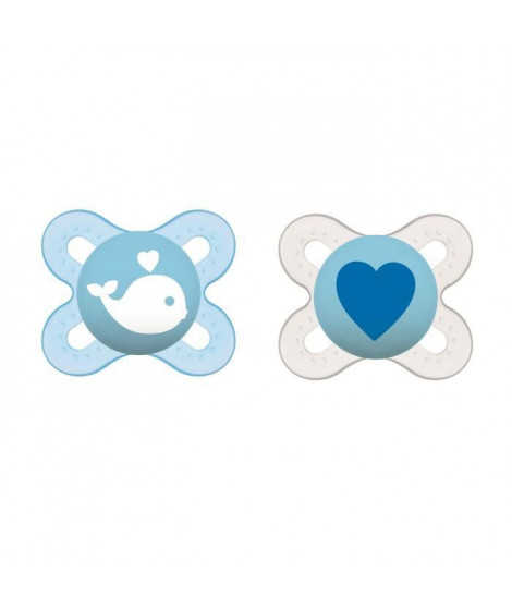 MAM Sucette Naissance - 0-2m - Silicone - Lot de 2 - Boite stérilisation - Baleine / Coeur bleu