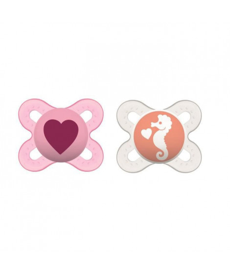 MAM Sucette Naissance - 0-2m - Silicone - Lot de 2 - Boite stérilisation - Hippocampe / Coeur rose