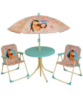 SPIRIT Salon de jardin : 1 table ronde, 2 chaises, 1 parasol pour enfant
