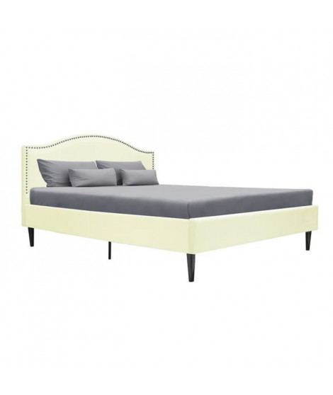 Lit adulte classique - Tissu beige - Tete de lit cloutée et pieds bois - sommier inclus - l 160 x L 200 cm NAILHEADS