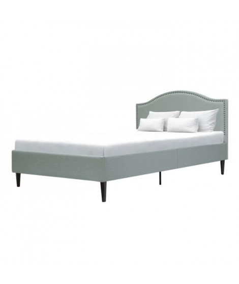 Lit adulte classique - Tissu gris clair - Tete de lit cloutée et pieds bois - sommier inclus - l 140 x L 190 cm NAILHEADS