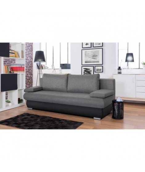 CLYDE Banquette clic-clac avec coffre de rangement 3 places - 187x94x76 cm - Bi-matiere - Noir et gris