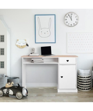 Bureau enfant avec 1 porte et 1 tiroir - Décor Chene et laqué blanc - MDF et Pin Massif - L120 x P 55 x H76,5 cm - HARO