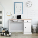 Bureau enfant avec 1 porte et 1 tiroir - Décor Chene et laqué blanc - MDF et Pin Massif - L120 x P 55 x H76,5 cm - HARO