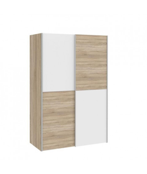 Armoire 2 portes coulissantes - Blanc mat et décor chene - L 120 x P 61,2 x H 190,5 cm - OZZULA