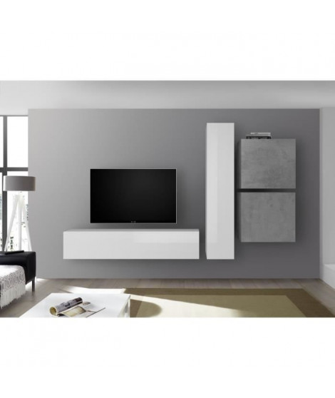 Meuble TV Mural - Ciment et Blanc Laqué  - L 260 x P 30 x H 180 cm - CESENA