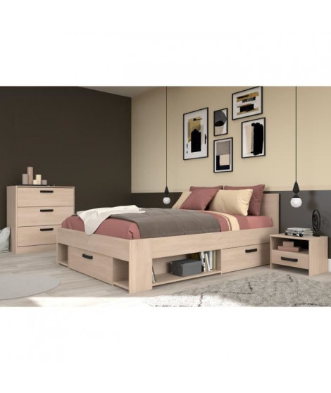 PARISOT Chambre complete Lit adulte 140x190 cm + 2 chevets 1 tiroirs + 1 commode 3 tiroirs - Décor Chene Brooklyn - DREAM