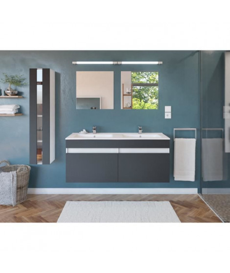 Salle de Bain complete L 120cm - Meuble + Vasque + Colonne vitrée - Gris mat - ALBAN