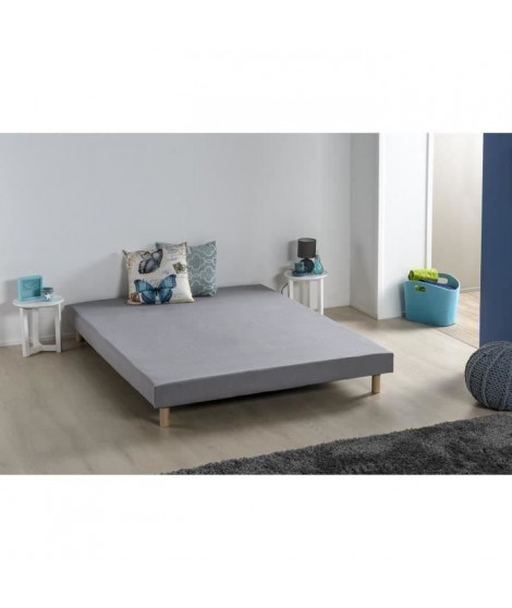 Sommier tapissier a lattes 140 x 190 - Bois massif gris + pieds - DEKO DREAM  Rakenne