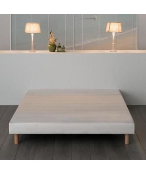 Sommier tapissier a lattes 140 x 190 - Bois massif blanc + pieds bois verni clair - DECO DREAM Rakenne