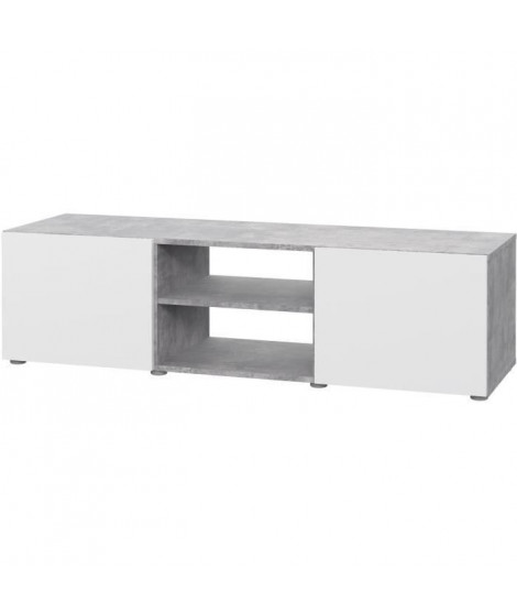 PILVI Meuble TV - Blanc et béton gris clair - L 140 x P 42 x H 31 cm