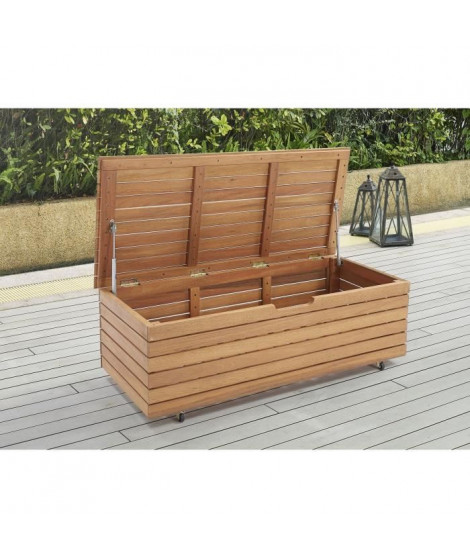 Coffre de jardin 190L en bois exotique d'eucalyptus FSC - 190 L - 48,5 x 109,5 x 37 cm - Avec roulettes -  Effet Teck