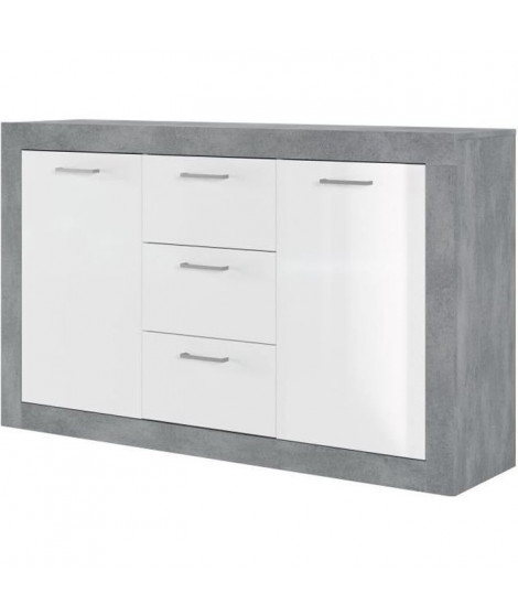 STONE Buffet 2 portes 3 tiroirs - Décor béton et blanc - L 147 x P 37 x H 89 cm