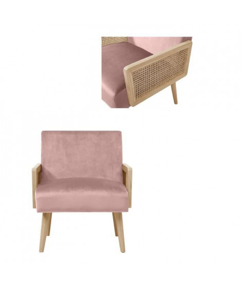 ARCHI Fauteuil Cannage + Finition nid d'abeille - Velours Rose poudré - L 64 x P 72 x H 75 cm