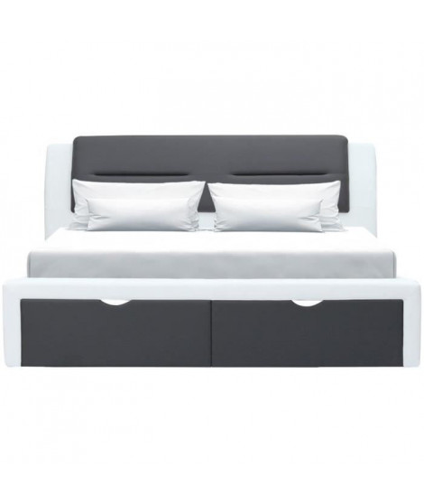 Lit  adulte contemporain avec tiroirs de rangement - Simili Gris foncé/blanc - Sommier inclus - 160 x 200 cm - SCARLETTE