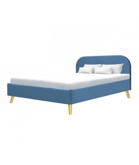 Lit adulte scandinave - Velours Bleu - Sommier inclus - 140 x 190 cm - SVEA