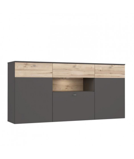 Buffet 3 portes 1 tiroir + LED - Décor chene et gris - L 194,8 x P 41,3 x H 94,5 cm - COMO