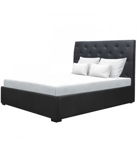 Lit adulte 140 x 190 cm + coffre de rangement - Tete de lit haute capitonnée - Simili noir - Sommier inclus - MILES