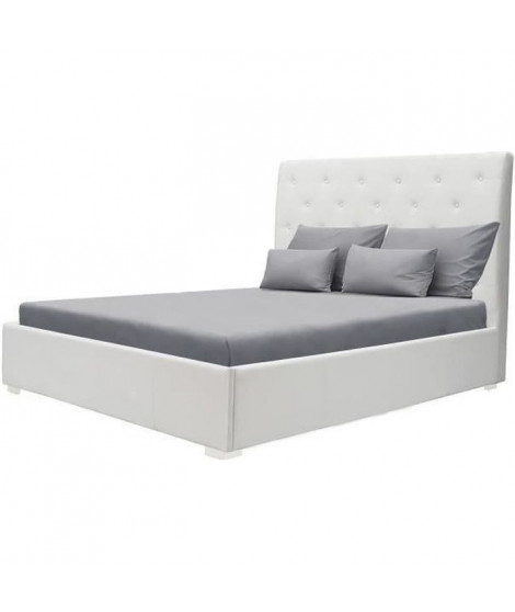 Lit adulte 140 x 160 cm Tete de lit capitonnée + coffre de rangement - Simili blanc - Sommier blanc - MILES