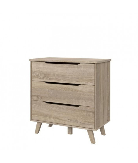 Commode 3 tiroirs scandinave - Décor chene sonoma - Pieds en massif - L 80 cm - VANKKA